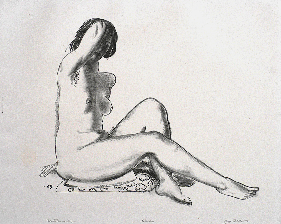 Nude Study, Girl Sitting on FLowered Cushion - GEORGE BELLOWS - lithograph