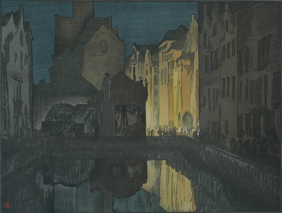 Jan van Eyckplein, Bruges (Quai du Mirror) - YOSHIJIRO URUSHIBARA - woodcut printed in colors