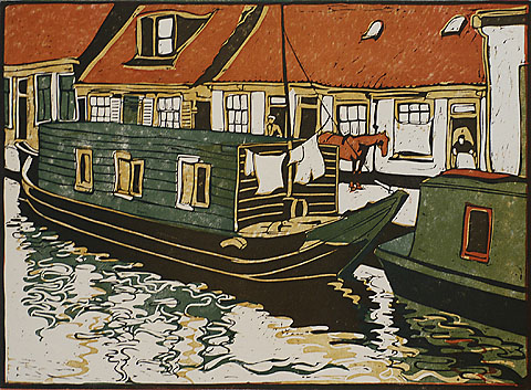 Houseboats in the Canal - CEES BOLDING - woodcut printed in colors