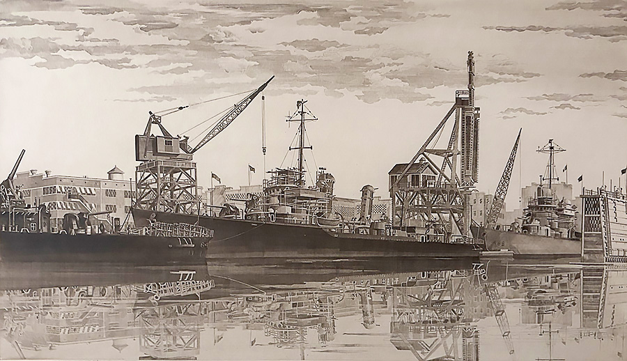 Destroyers in Wet Basin at the Federal Shipbuilding and Drydock Company - JOHN TAYLOR ARMS - etching
