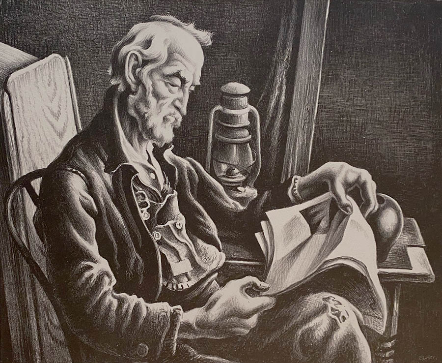 Old Man Reading - THOMAS HART BENTON - lithograph