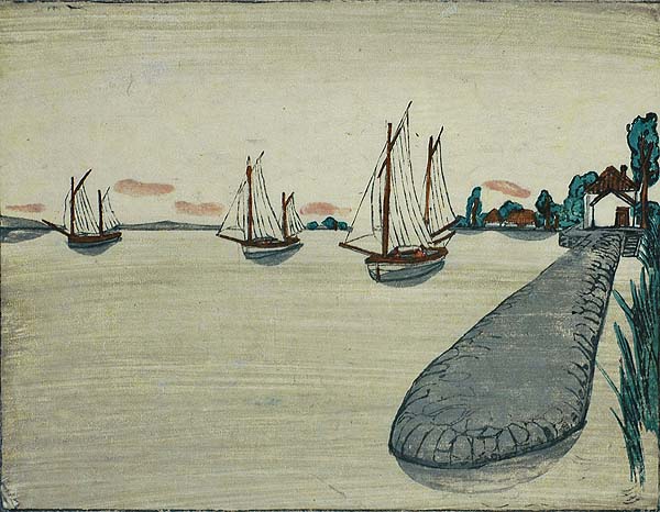 Boats on a Lake - SIEGFRIED BERNDT - woodcut printed in colors