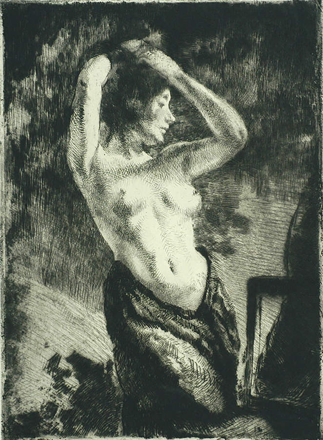 Model with Bare arms Raised (Le Modèle nu les Bras Levés) - ALBERT BESNARD - etching with traces of drypoint