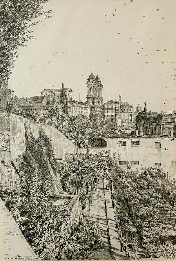 Roman Sunset, Trinità dei Monte - MUIRHEAD BONE - charcoal pencil