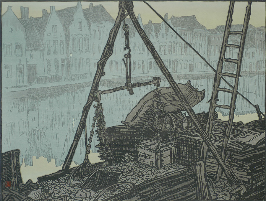 Bruges at Dawn (Quai St Ann) - YOSHIJIRO URUSHIBARA - woodcut printed in colors