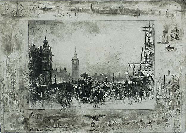 Westminster Bridge (or Westminster Clock Tower) - FELIX BUHOT - etching, drypoint, aquatint and roulette