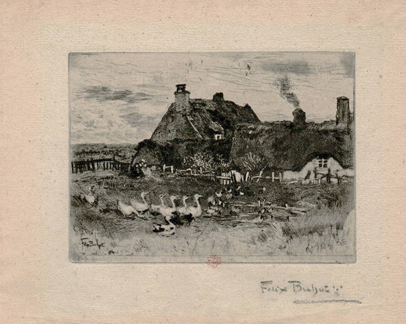 The Little Thatched Cottages (Les Petites Chaumieres) - FELIX BUHOT - etching, drypoint, aquatint, roulette