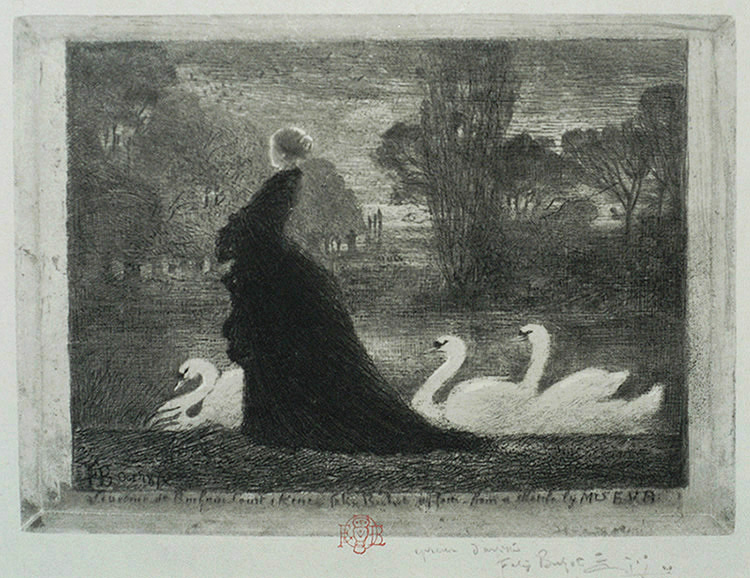(A Woman with Swans) La Dame aux Cygnes - FELIX BUHOT - drypoint, etching, aquatint and roulette