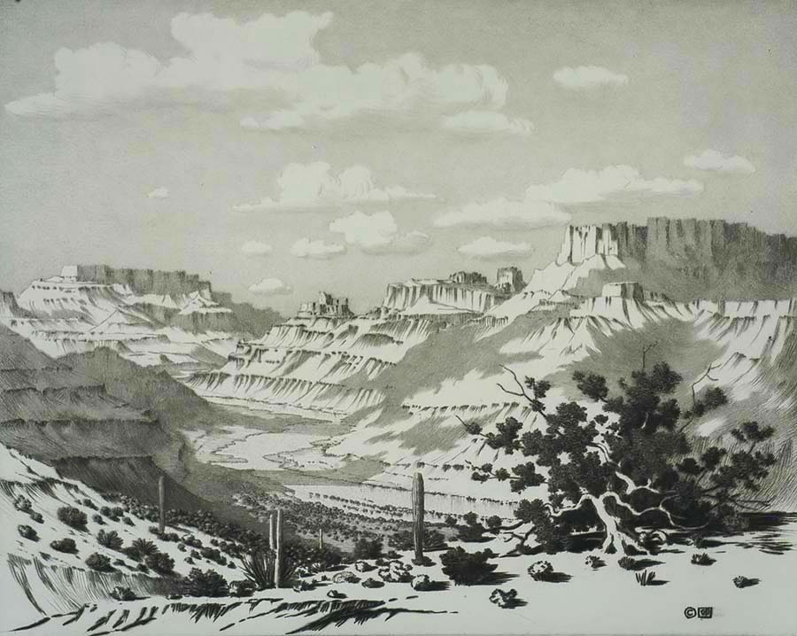 Cloud Shadows, Apache Trail, Arizona - GEORGE ELBERT BURR - drypoint and aquatint