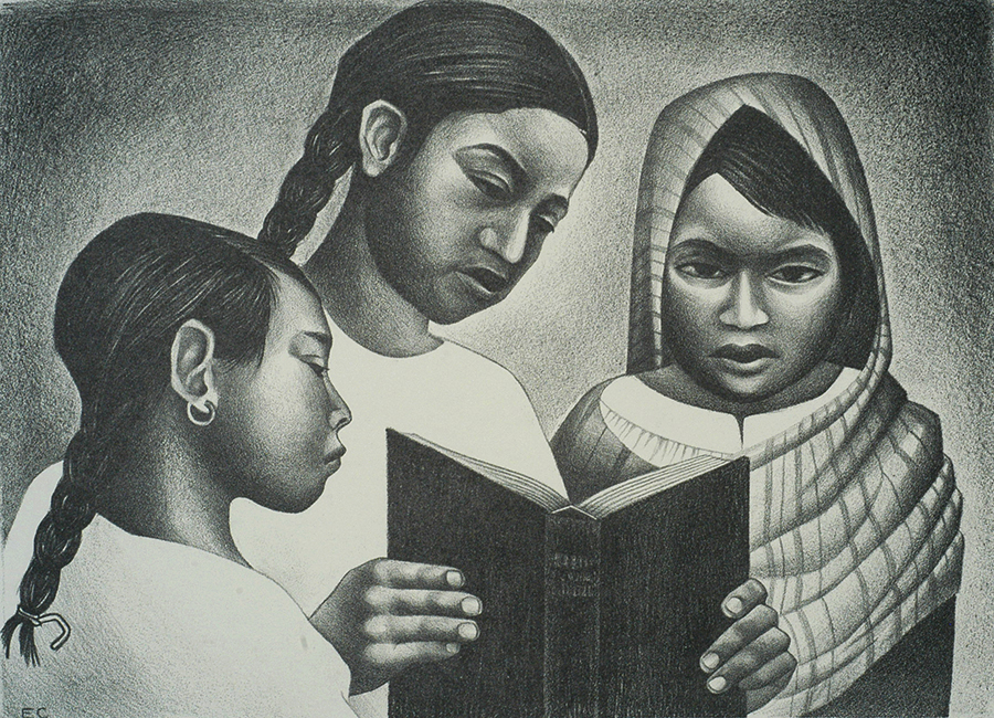 Children reading (Literacy), Ninas Leyendos - ELIZABETH CATLETT - lithograph