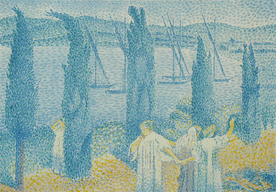 La Promenade, or, Les Cyprès (The Cypresses) - HENRI-EDMOND CROSS - lithograph printed in colors
