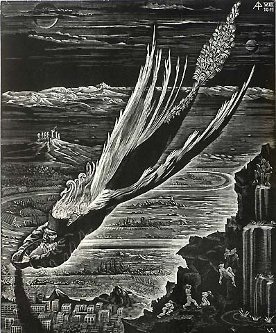 Book of Revelation, VIII (10-11), Absinth Angel - VICTOR DELHEZ - wood engraving