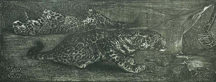 Two Leopards and a Snake - HERMAN. B. DIEPERINK - lithograph