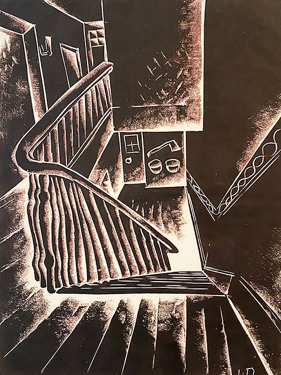 Stairwell, Dark - ISAMI DOI - woodcut printed in dark brown ink