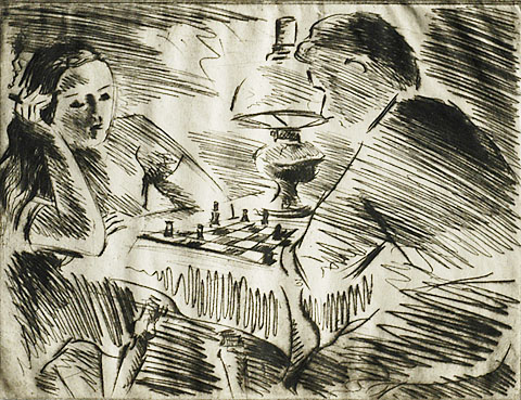 The Chess Game - WERNER DREWES - drypoint