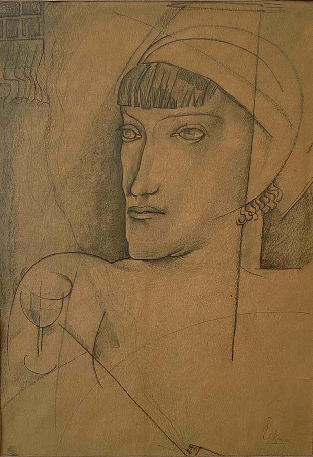 Portrait of a Woman with a Glass - NICOLAS (NICO) EEKMAN - pencil on light brown paper