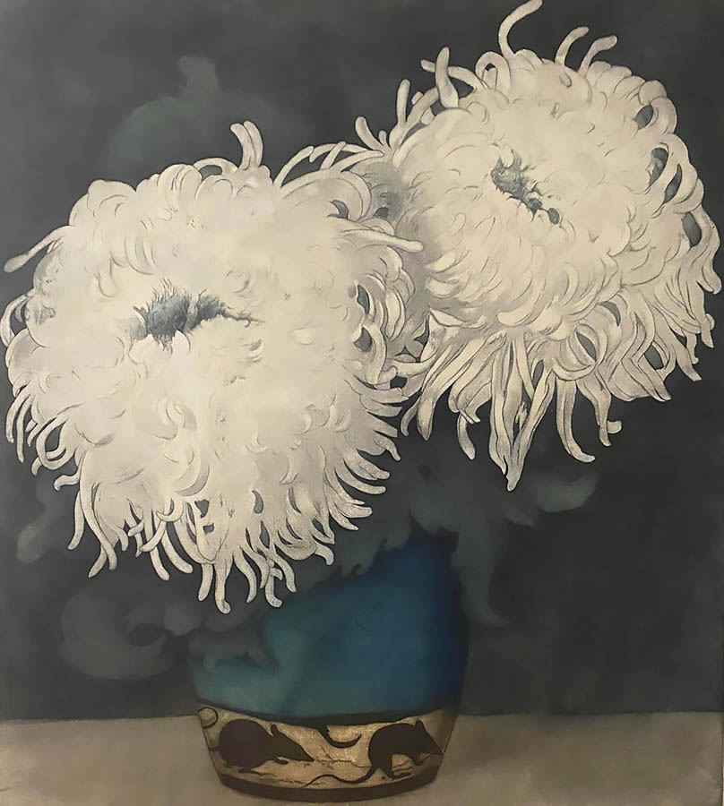 White Chrysanthemum in a Blue Green Vase  - FRANS EVERBAG - etching and aquatint printed in colors