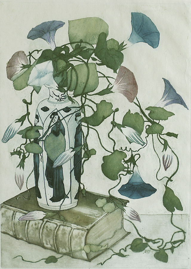 Morning Glories in a Chinese Vase on an Old Book (Tak met Akkerwinde in een smalle hoge Chinese vaas op een antiek boek) - FRANS EVERBAG - etching and aquatint printed in colors