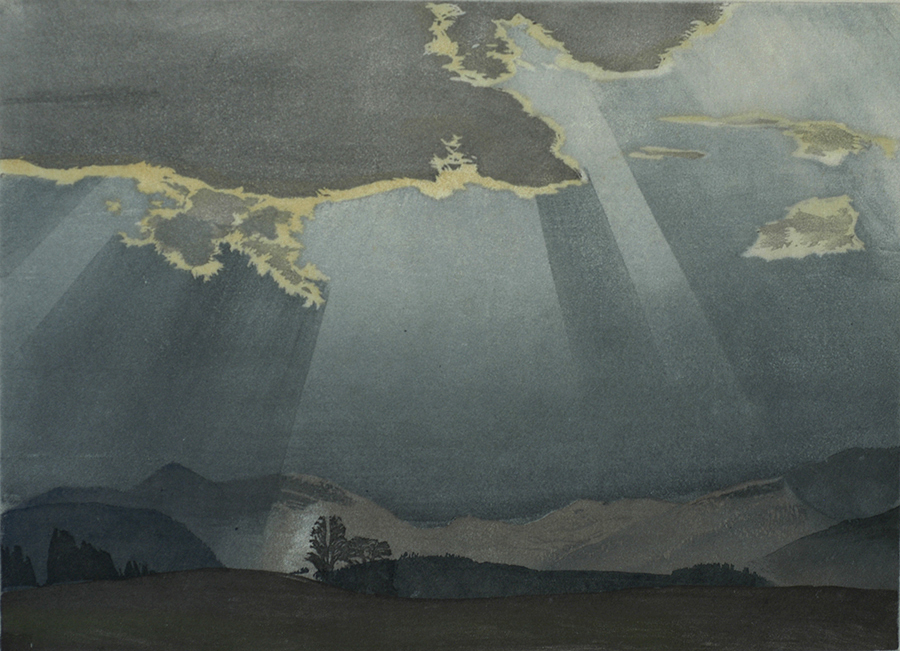 Sun Breaking through the Clouds - HANS FRANK - woodcut printed in colors
