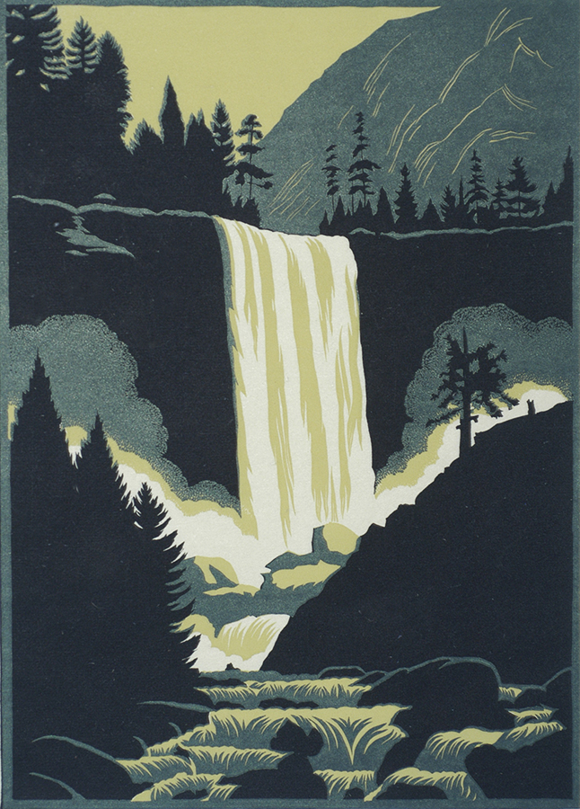 Vernal Falls, Yosemite - FRANZ  GERITZ - woodcut printed in colors