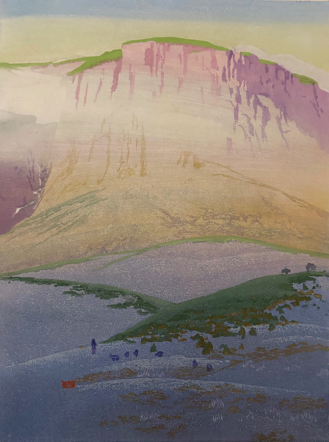 The Last Glow, Central Corsica - WILLIAM GILES - zinc plate relief print printed with oil pigments
