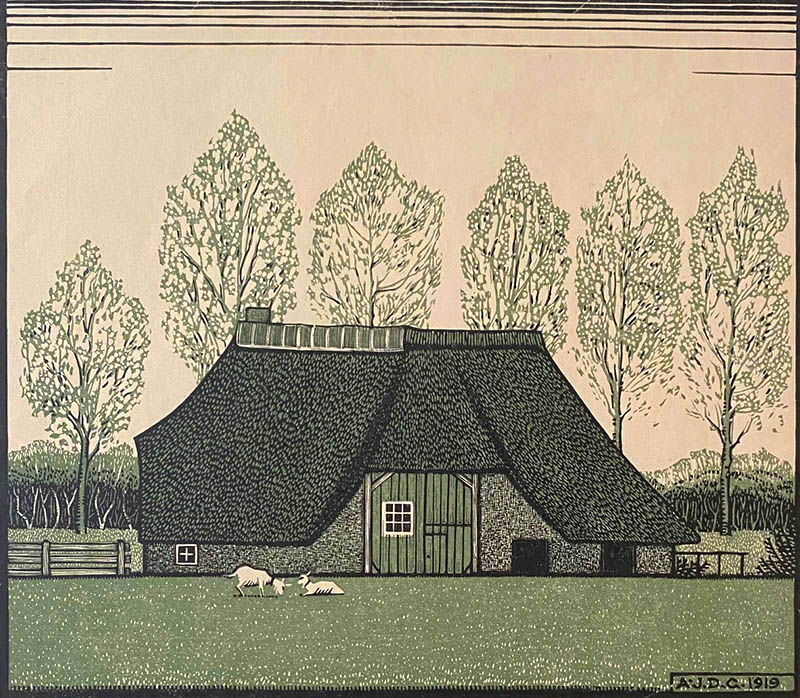 Farmhouse with Thatched Roof (Boerderij met reiten dak) -  ANNA JULIE DE GRAAG - woodcut printed in colors