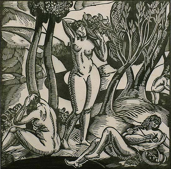 Bucolic Scene with Nudes - ROGER GRILLON - woodcut