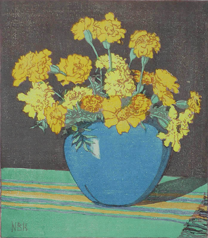 Marigolds - NORMA BASSETT HALL - woodcut printed in colors