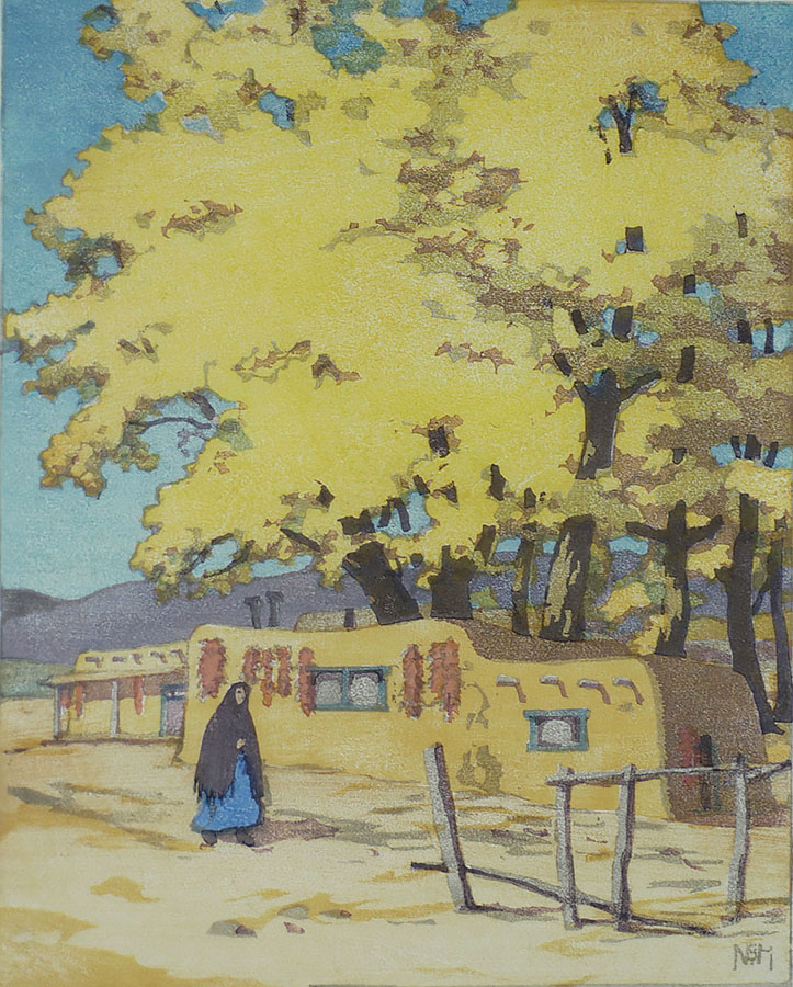 October in Santa Fe - NORMA BASSETT HALL - woodcut printed in colors