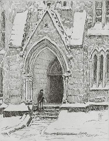 Church Doorway, Snow - CHILDE HASSAM - etching