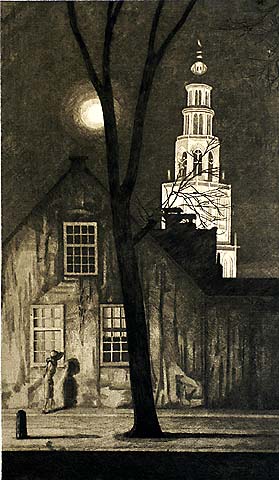 Illuminated Church Tower, Groningen - AREND HENDRIKS - etching