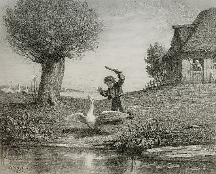 Farm Scene (Boy Chasing a Goose) - WILLIAM MORRIS HUNT  - lithograph