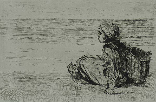 Zittend Meisje met Mand op den Rug (Girl with a Basket on her Back) - JOZEF ISRAELS - etching
