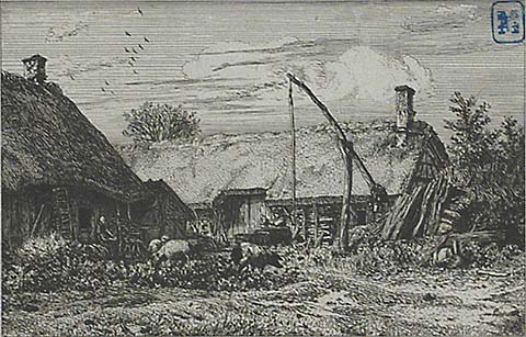 Paysage - Chaumieres - CHARLES JACQUE - etching