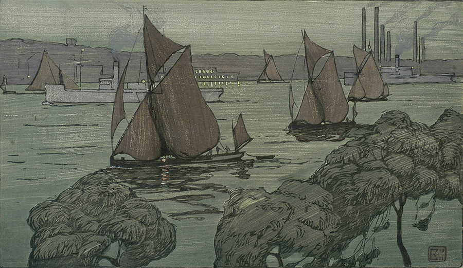 Thames Barges - ETHEL KIRKPATRICK - woodcut printed in colors