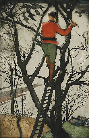 Man Pruning  - MAURICE LANGASKENS - etching and aquatint printed in colors