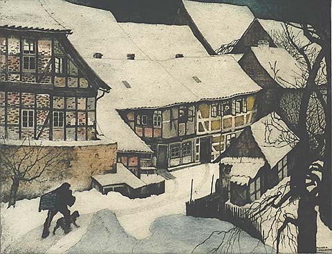 A Village Covered in Snow - MAURICE LANGASKENS - etching and aquatint printed in colors
