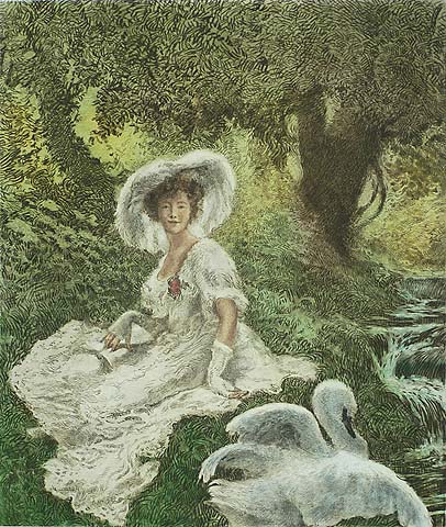 Lady and the Swan - GASTON LA TOUCHE - etching, roulette and drypoint printed in colors