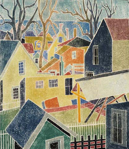 Backyards, Provincetown - BLANCHE LAZZELL - white-line color woodcut