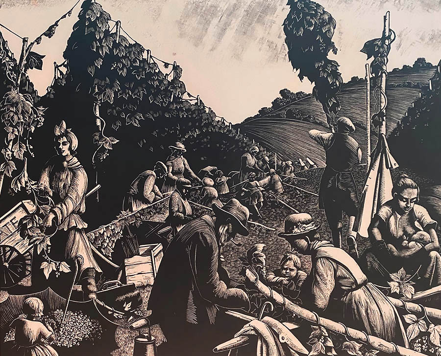 Hop Pickers - CLARE LEIGHTON - wood engraving