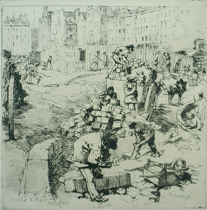 Leveling of La Place Maubert (Nivellement de la Place Maubert) - AUGUSTE LEPERE - etching