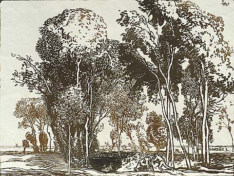 L'Abreuvoir - AUGUSTE LEPERE - woodcut printed in two shades of brown