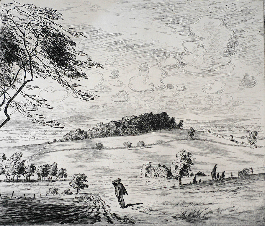 Country Scene with Man Walking - MARTIN LEWIS - etching and drypoint