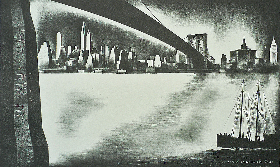 Distant Manhattan from Brooklyn - LOUIS LOZOWICK - lithograph