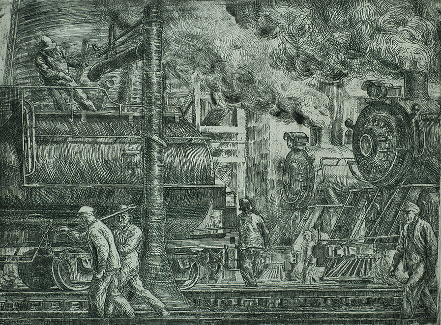Erie R. R. Locos Watering - REGINALD MARSH - etching with touches of drypoint