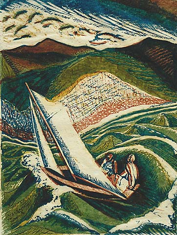 Sailing - JULIA MAVROGORDATO - linocut printed in colors