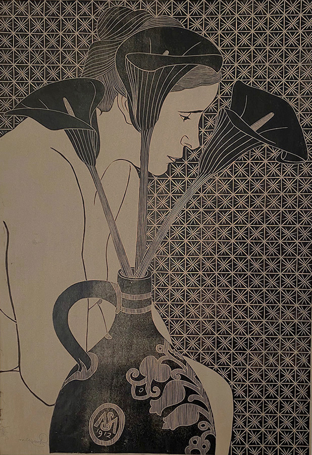Female Nude with Black Calla Lilies - SAMUEL JESSURUN DE MESQUITA - woodcut