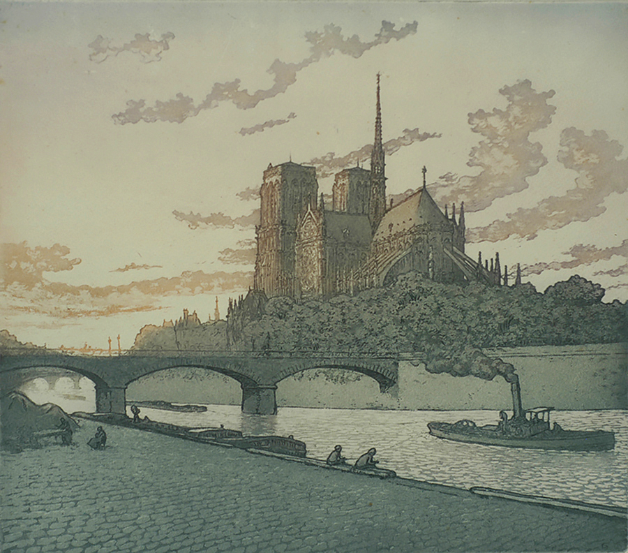 Near Notre Dame, Paris (Le Chevet de Notre Dame) - HENRI MEUNIER - etching and aquatint printed in colors