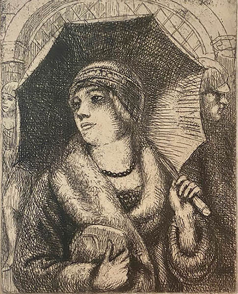 Woman under an Umbrella - KENNETH HAYES MILLER - etching