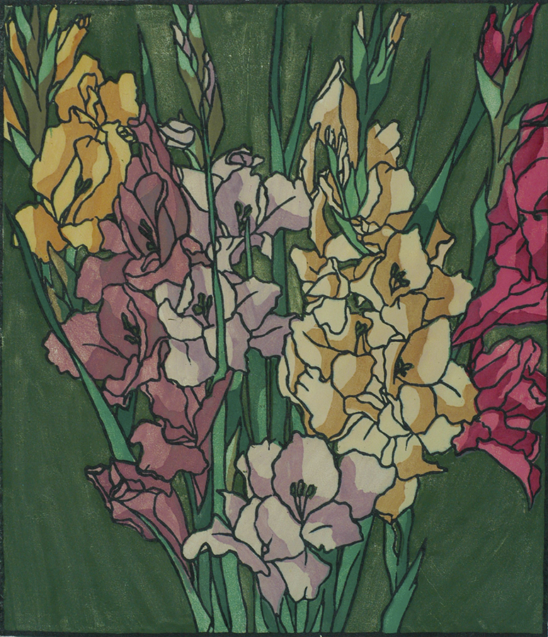 A Bouquet of Gladiolus - GLADYS WILKINS MURPHY - woodcut printed in colors (linoleum cut?)